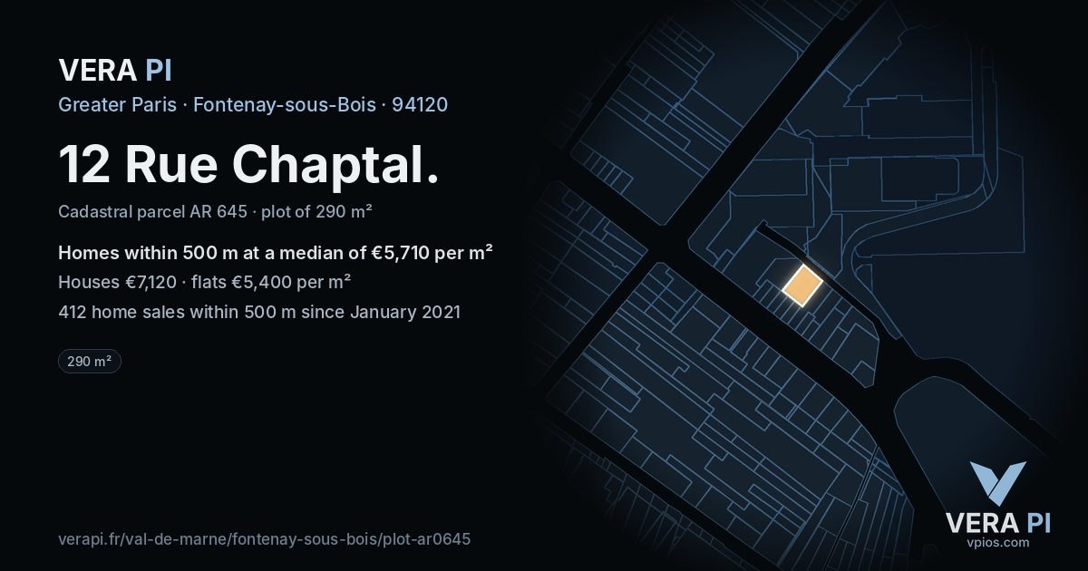 12 Rue Chaptal, Fontenay-sous-Bois at night – the plot lit, the parcels around coloured by the prices near them
