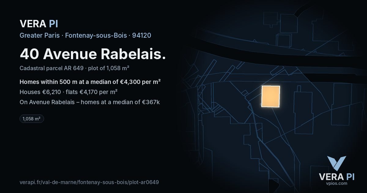 40 Avenue Rabelais, Fontenay-sous-Bois at night – the plot lit, the parcels around coloured by the prices near them