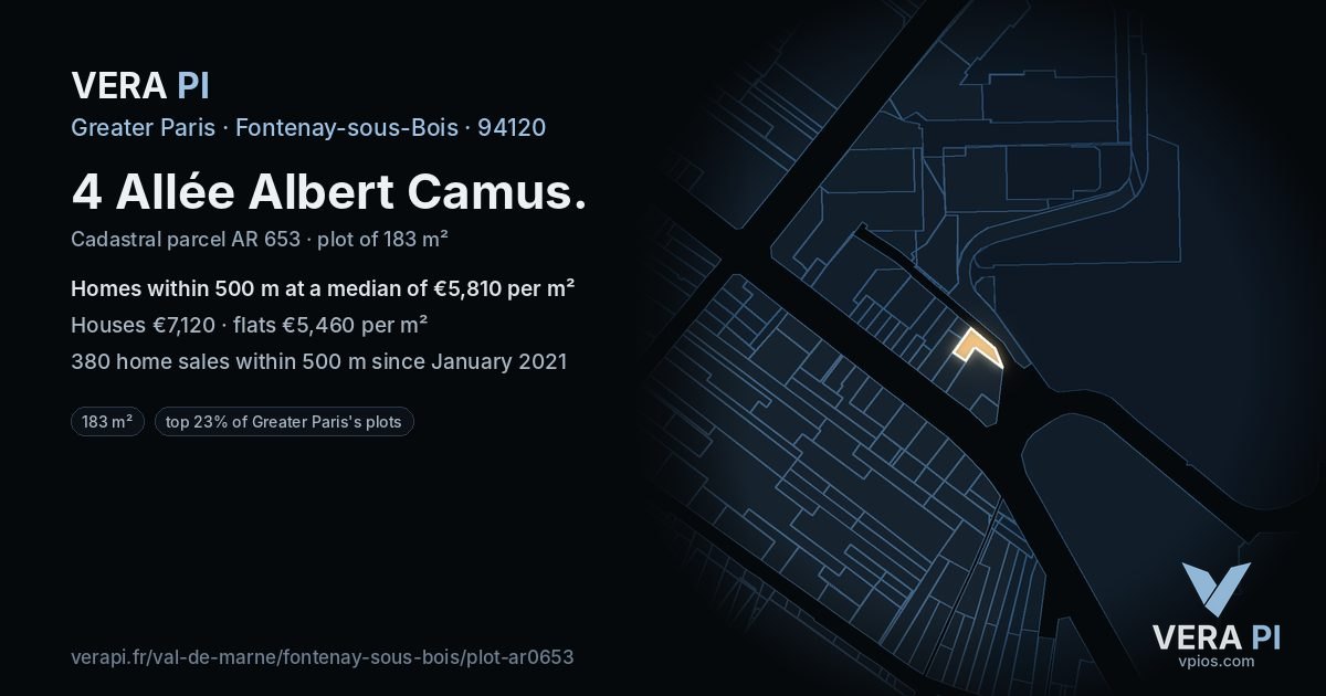 4 Allée Albert Camus, Fontenay-sous-Bois at night – the plot lit, the parcels around coloured by the prices near them