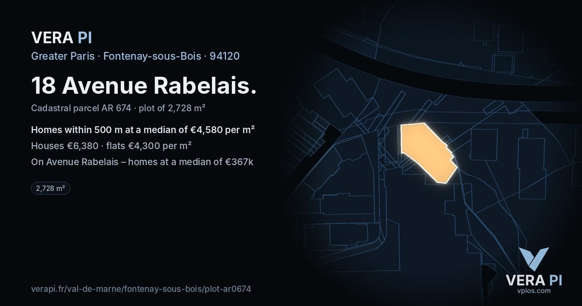 18 Avenue Rabelais, Fontenay-sous-Bois at night – the plot lit, the parcels around coloured by the prices near them