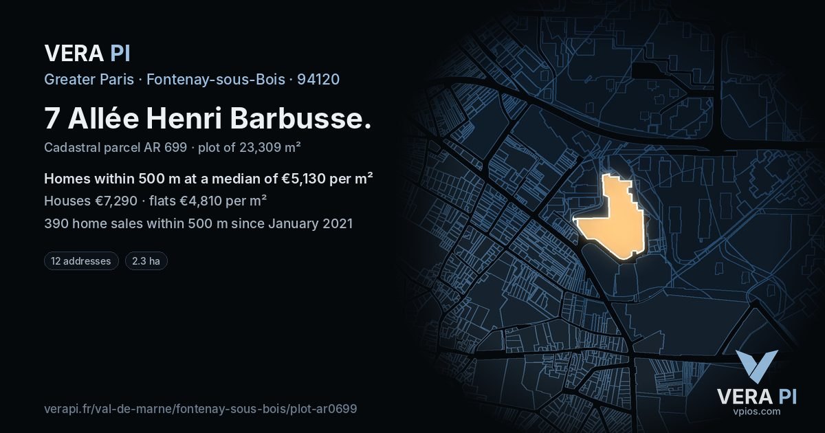 7 Allée Henri Barbusse, Fontenay-sous-Bois at night – the plot lit, the parcels around coloured by the prices near them