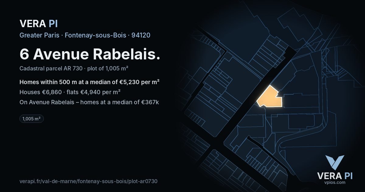 6 Avenue Rabelais, Fontenay-sous-Bois at night – the plot lit, the parcels around coloured by the prices near them