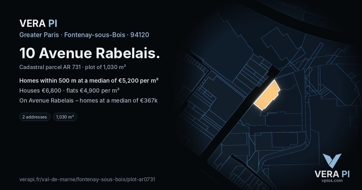 10 Avenue Rabelais, Fontenay-sous-Bois at night – the plot lit, the parcels around coloured by the prices near them