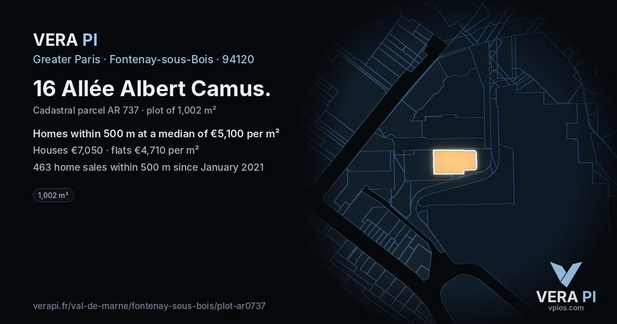 16 Allée Albert Camus, Fontenay-sous-Bois at night – the plot lit, the parcels around coloured by the prices near them