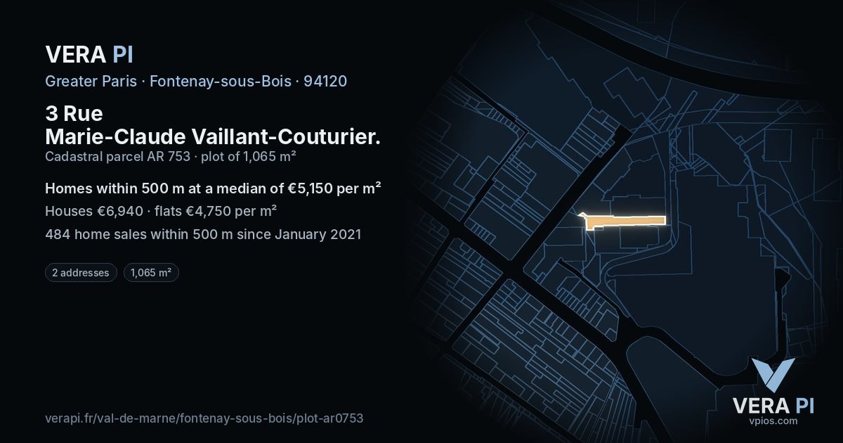 3 Rue Marie-Claude Vaillant-Couturier, Fontenay-sous-Bois at night – the plot lit, the parcels around coloured by the prices near them