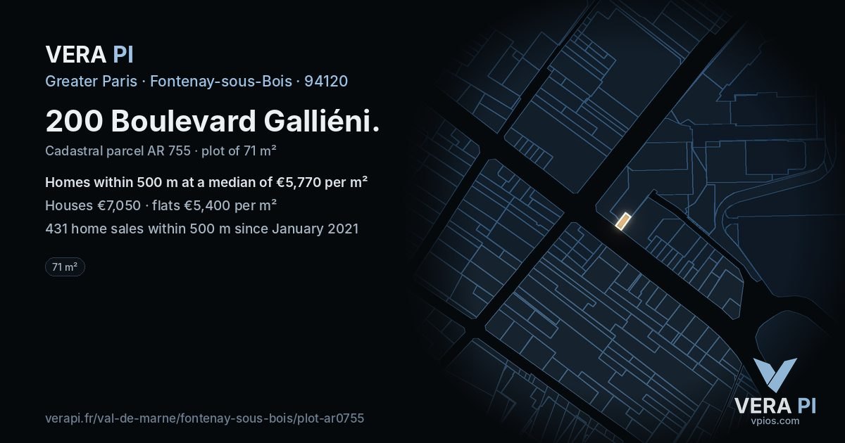200 Boulevard Galliéni, Fontenay-sous-Bois at night – the plot lit, the parcels around coloured by the prices near them