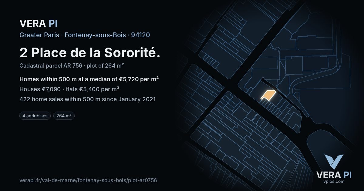 2 Place de la Sororité, Fontenay-sous-Bois at night – the plot lit, the parcels around coloured by the prices near them