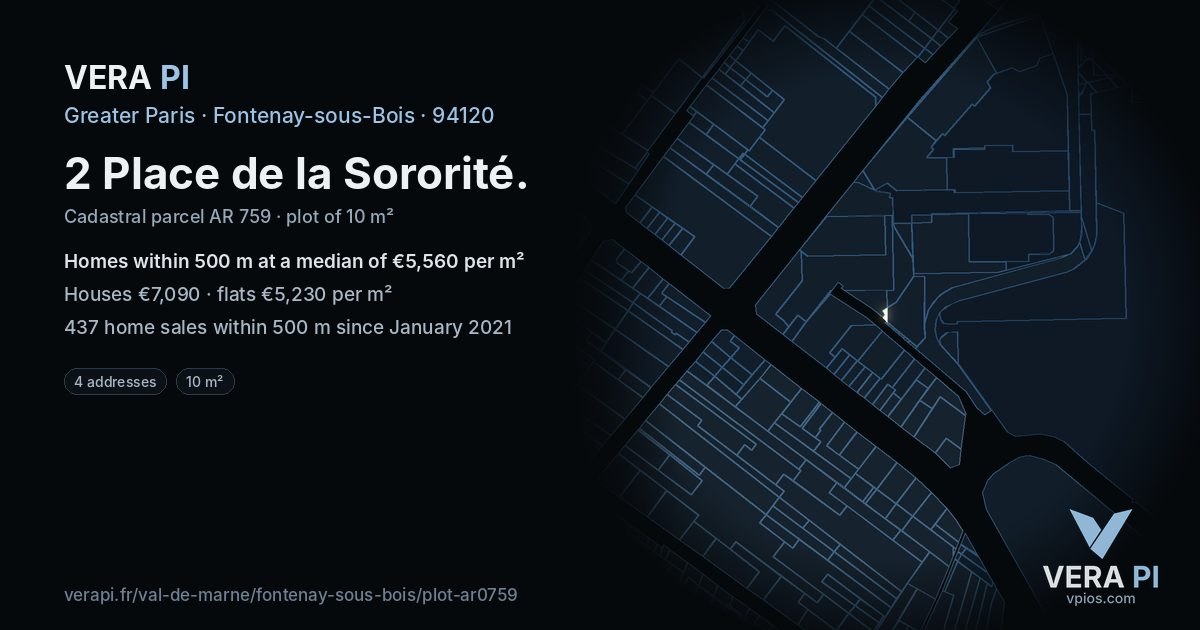 2 Place de la Sororité, Fontenay-sous-Bois at night – the plot lit, the parcels around coloured by the prices near them