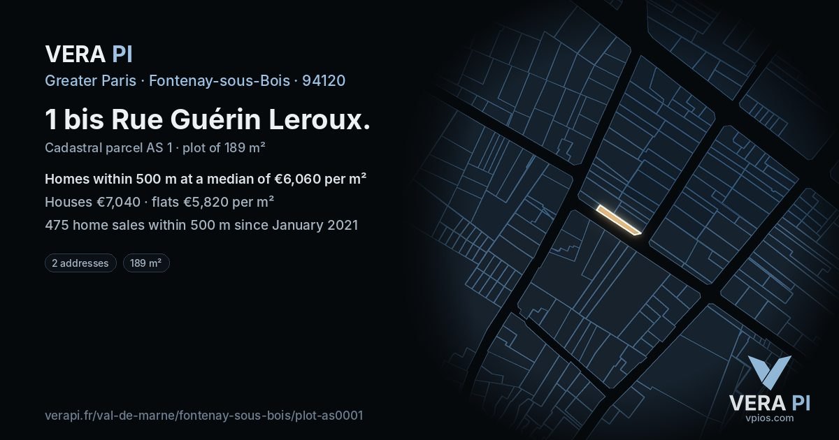 1 bis Rue Guérin Leroux, Fontenay-sous-Bois at night – the plot lit, the parcels around coloured by the prices near them