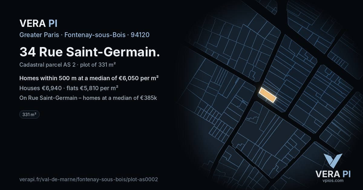 34 Rue Saint-Germain, Fontenay-sous-Bois at night – the plot lit, the parcels around coloured by the prices near them