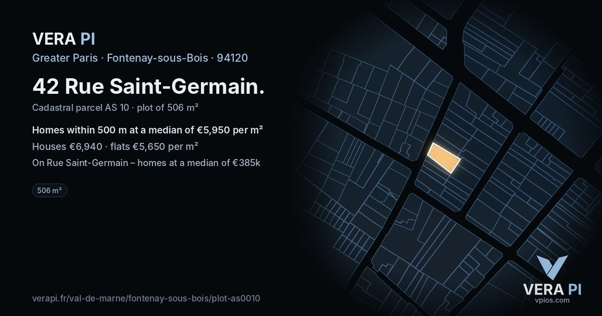 42 Rue Saint-Germain, Fontenay-sous-Bois at night – the plot lit, the parcels around coloured by the prices near them