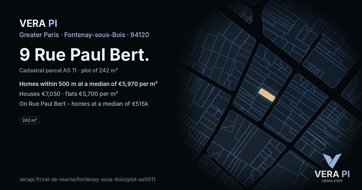 9 Rue Paul Bert, Fontenay-sous-Bois at night – the plot lit, the parcels around coloured by the prices near them