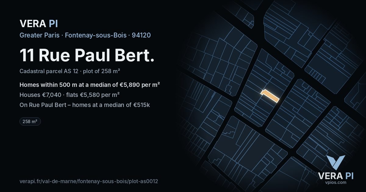 11 Rue Paul Bert, Fontenay-sous-Bois at night – the plot lit, the parcels around coloured by the prices near them