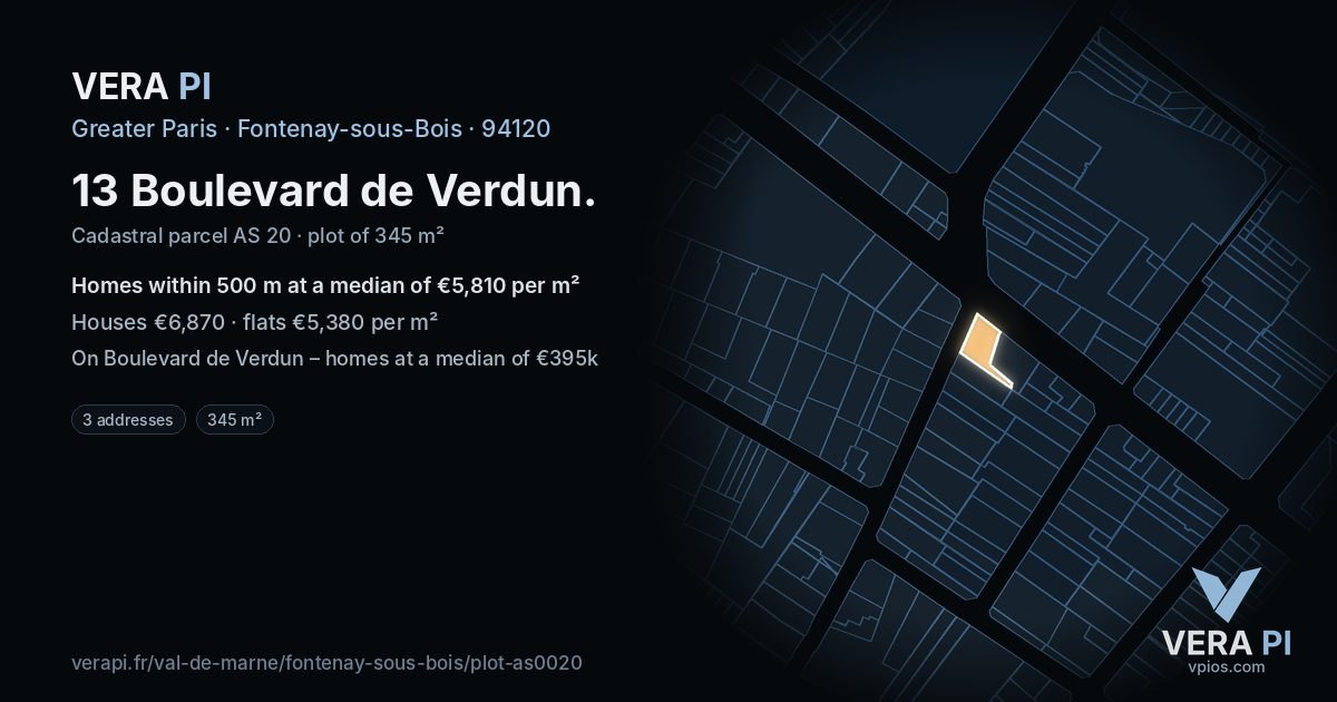 13 Boulevard de Verdun, Fontenay-sous-Bois at night – the plot lit, the parcels around coloured by the prices near them