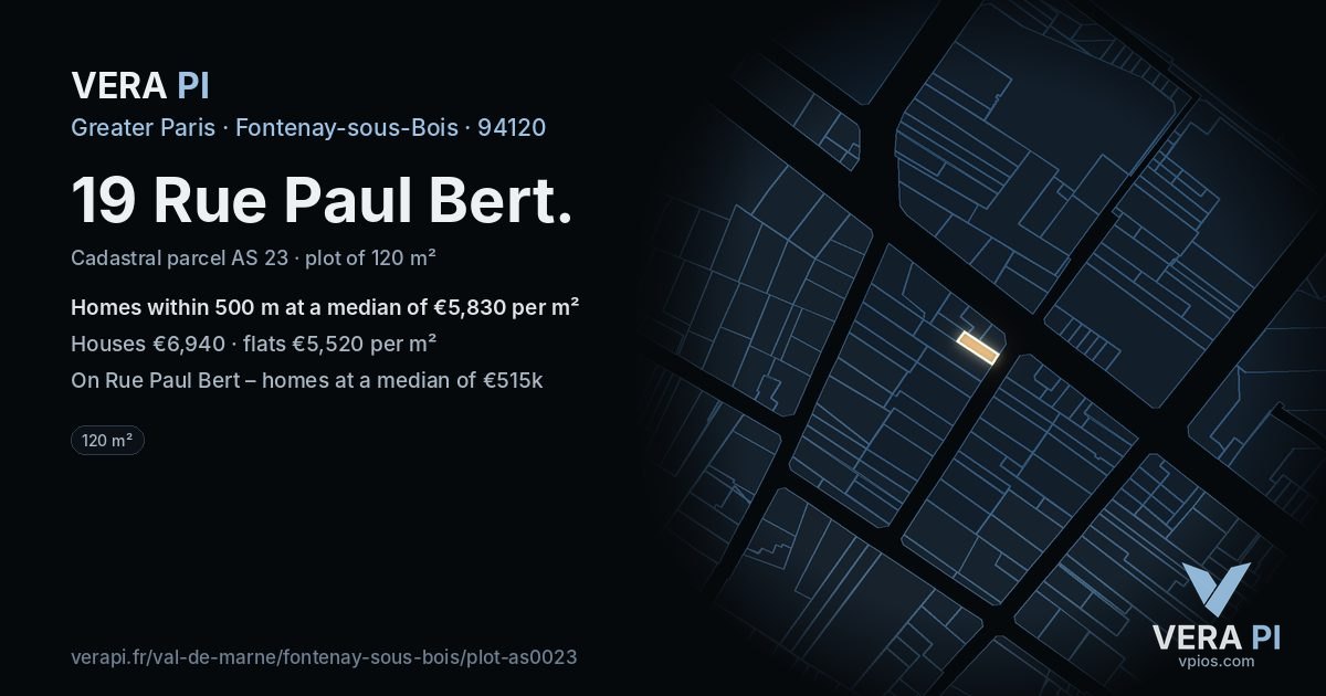19 Rue Paul Bert, Fontenay-sous-Bois at night – the plot lit, the parcels around coloured by the prices near them