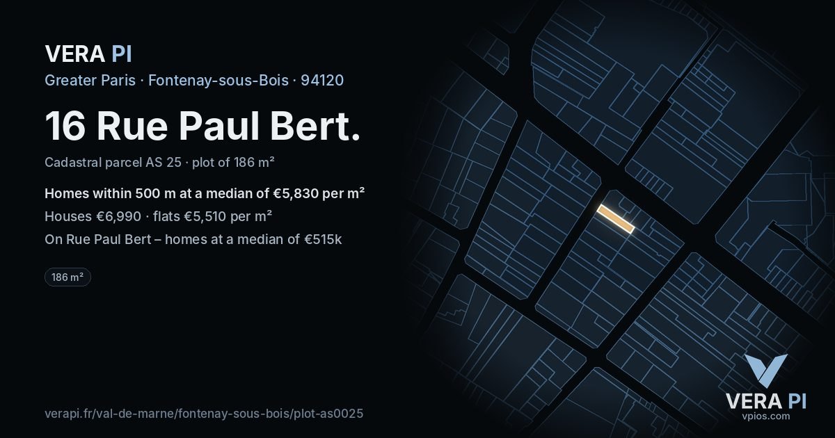 16 Rue Paul Bert, Fontenay-sous-Bois at night – the plot lit, the parcels around coloured by the prices near them
