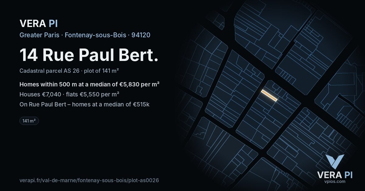 14 Rue Paul Bert, Fontenay-sous-Bois at night – the plot lit, the parcels around coloured by the prices near them