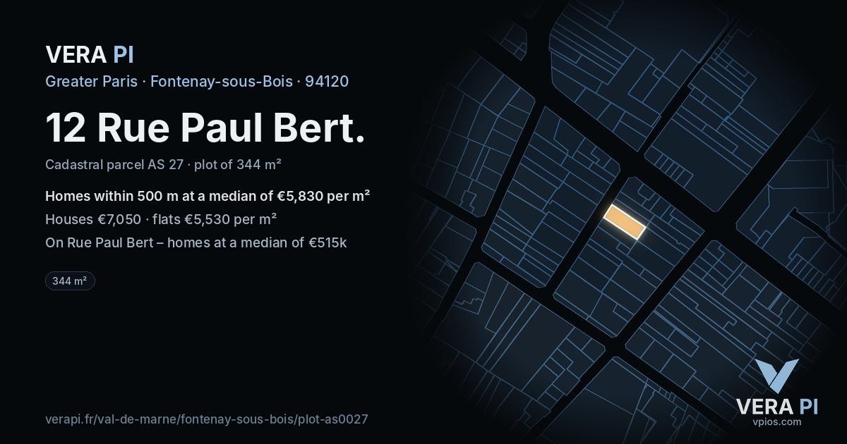 12 Rue Paul Bert, Fontenay-sous-Bois at night – the plot lit, the parcels around coloured by the prices near them