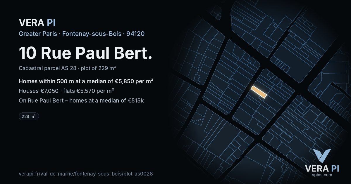 10 Rue Paul Bert, Fontenay-sous-Bois at night – the plot lit, the parcels around coloured by the prices near them
