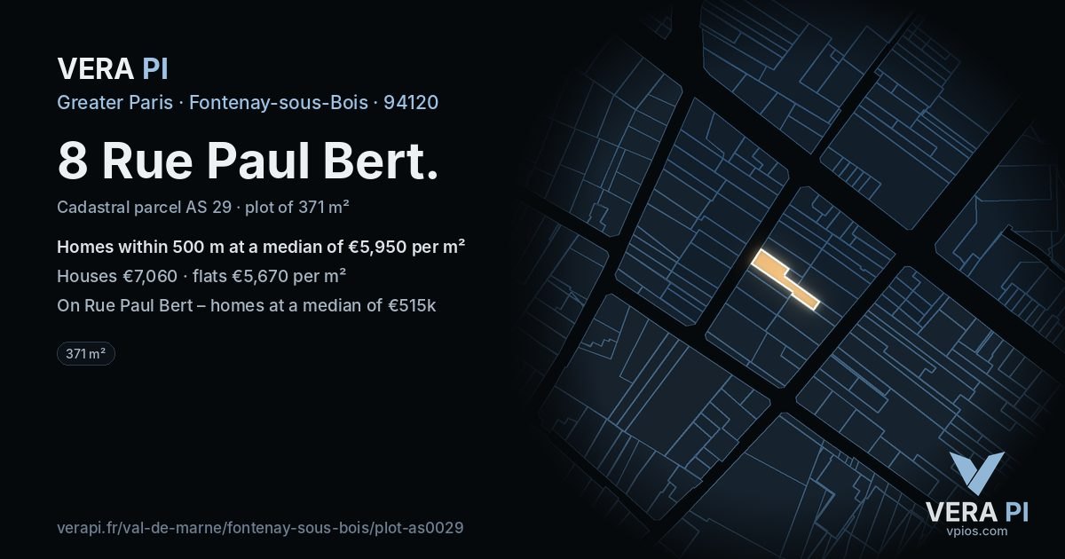 8 Rue Paul Bert, Fontenay-sous-Bois at night – the plot lit, the parcels around coloured by the prices near them