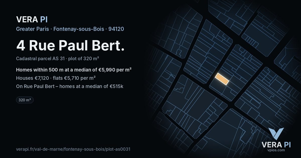 4 Rue Paul Bert, Fontenay-sous-Bois at night – the plot lit, the parcels around coloured by the prices near them