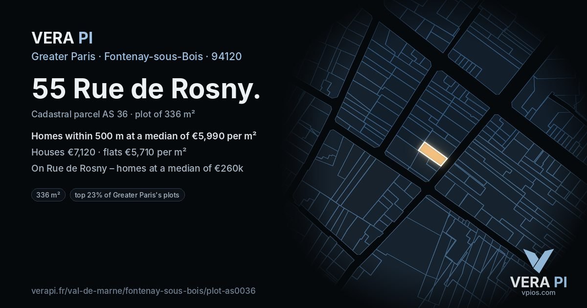 55 Rue de Rosny, Fontenay-sous-Bois at night – the plot lit, the parcels around coloured by the prices near them