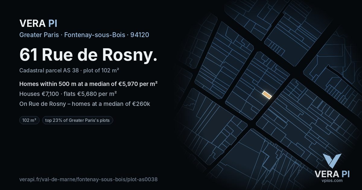 61 Rue de Rosny, Fontenay-sous-Bois at night – the plot lit, the parcels around coloured by the prices near them