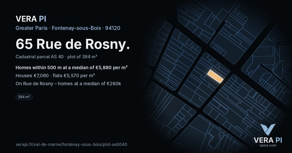 65 Rue de Rosny, Fontenay-sous-Bois at night – the plot lit, the parcels around coloured by the prices near them