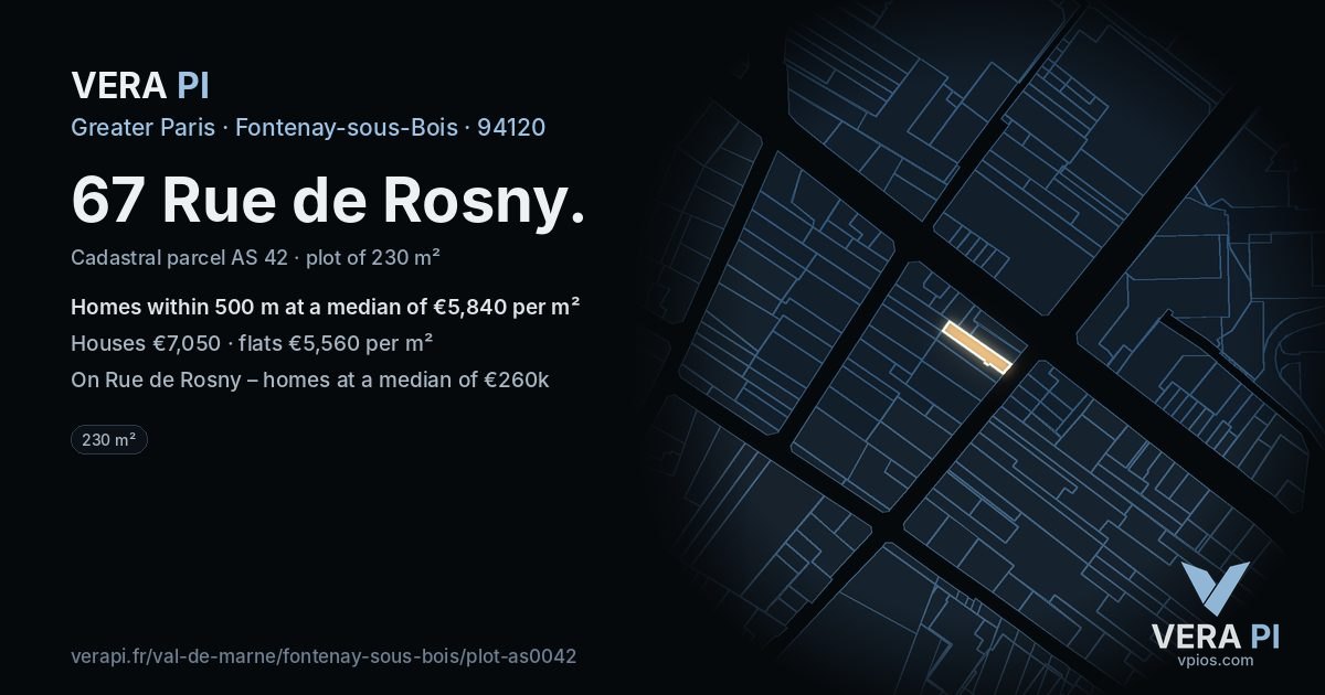 67 Rue de Rosny, Fontenay-sous-Bois at night – the plot lit, the parcels around coloured by the prices near them