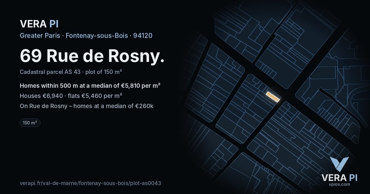 69 Rue de Rosny, Fontenay-sous-Bois at night – the plot lit, the parcels around coloured by the prices near them