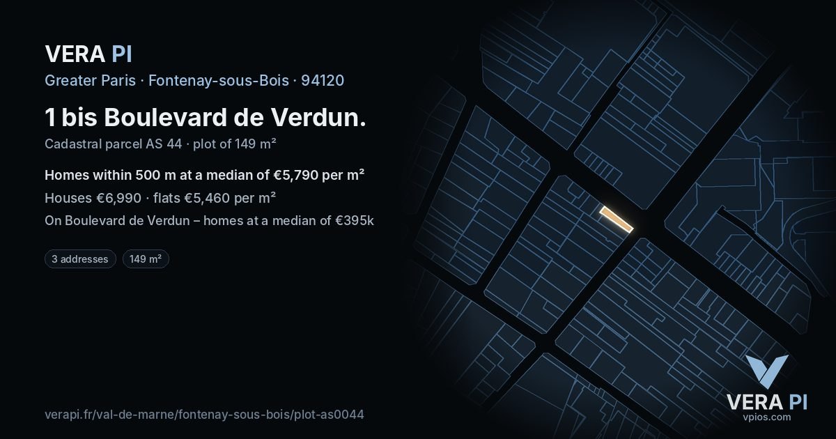 1 bis Boulevard de Verdun, Fontenay-sous-Bois at night – the plot lit, the parcels around coloured by the prices near them