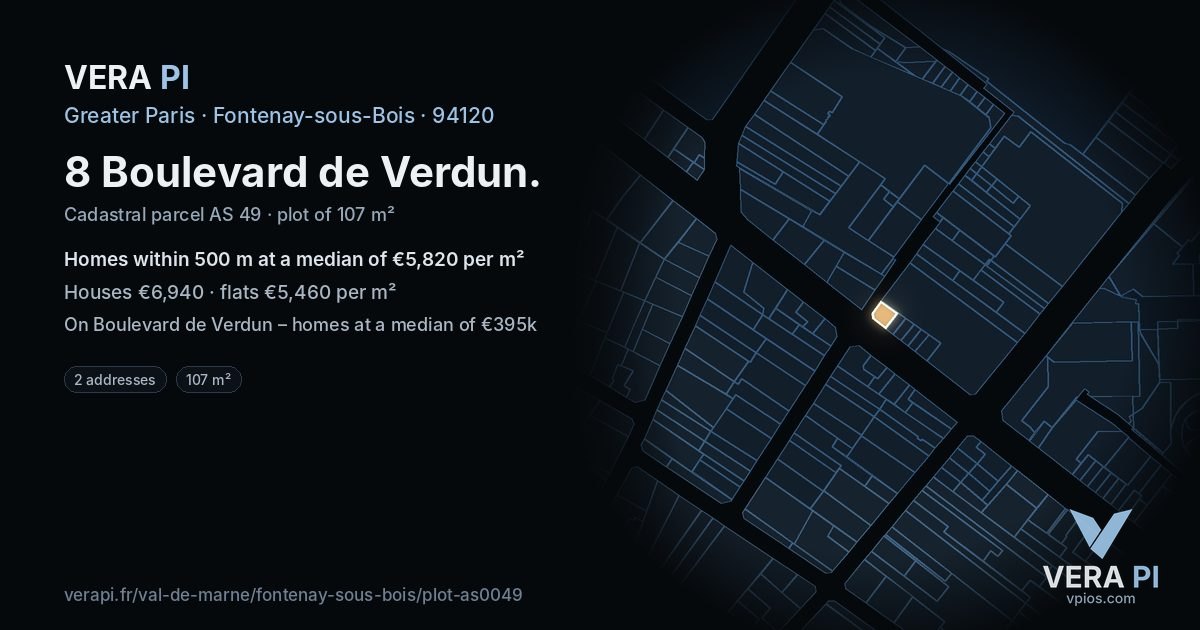 8 Boulevard de Verdun, Fontenay-sous-Bois at night – the plot lit, the parcels around coloured by the prices near them