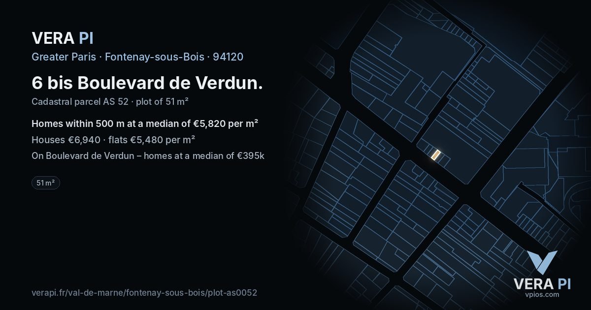 6 bis Boulevard de Verdun, Fontenay-sous-Bois at night – the plot lit, the parcels around coloured by the prices near them