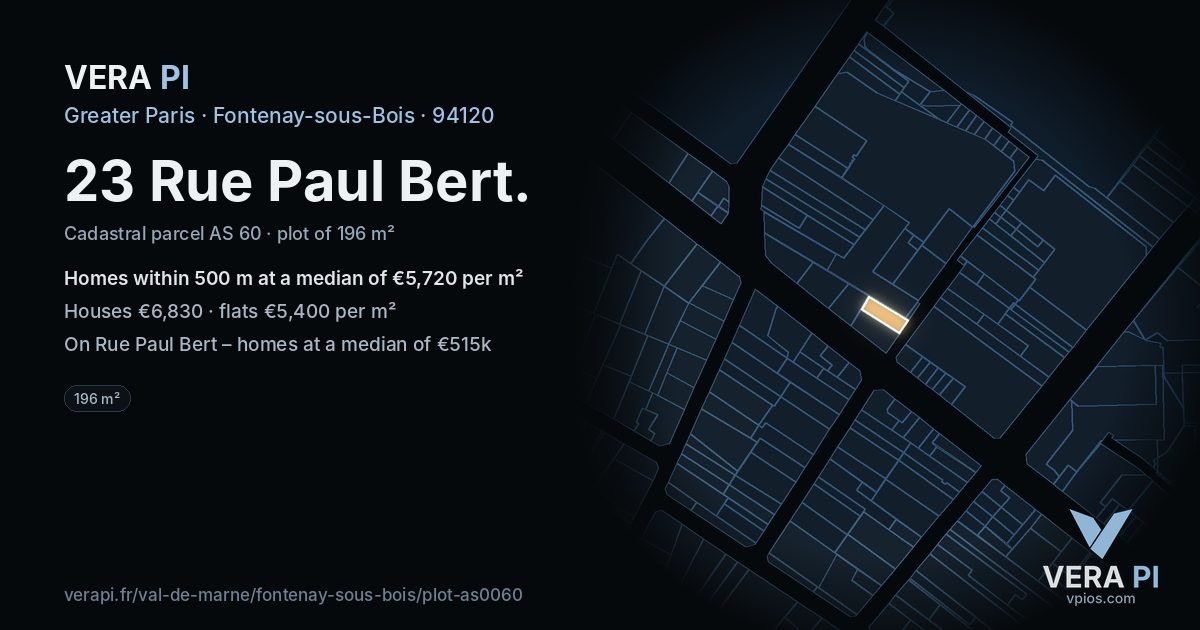 23 Rue Paul Bert, Fontenay-sous-Bois at night – the plot lit, the parcels around coloured by the prices near them