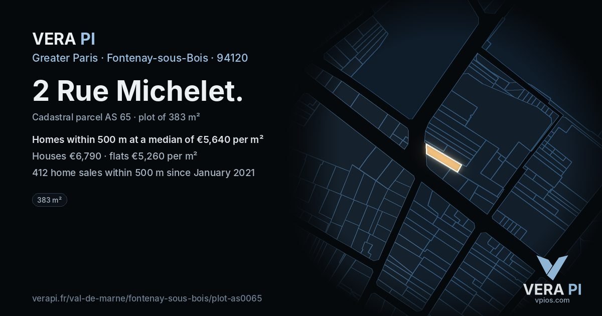 2 Rue Michelet, Fontenay-sous-Bois at night – the plot lit, the parcels around coloured by the prices near them