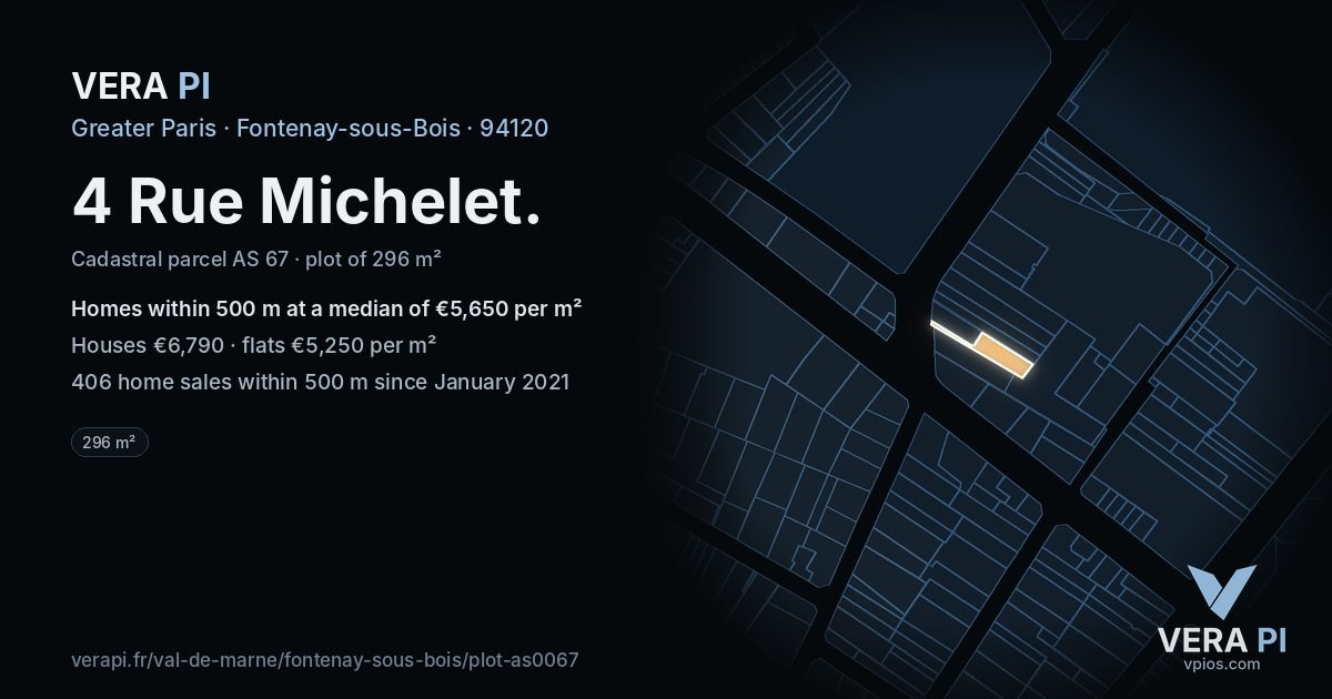 4 Rue Michelet, Fontenay-sous-Bois at night – the plot lit, the parcels around coloured by the prices near them