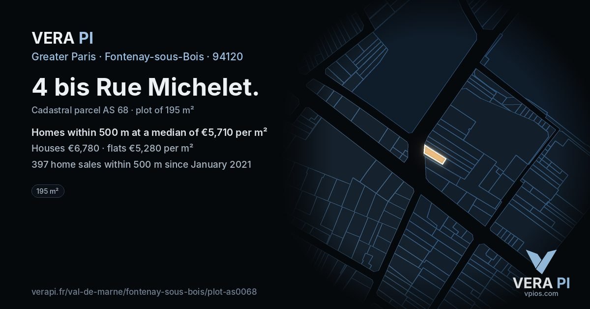 4 bis Rue Michelet, Fontenay-sous-Bois at night – the plot lit, the parcels around coloured by the prices near them