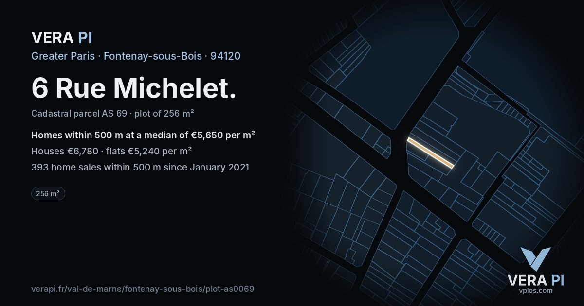 6 Rue Michelet, Fontenay-sous-Bois at night – the plot lit, the parcels around coloured by the prices near them
