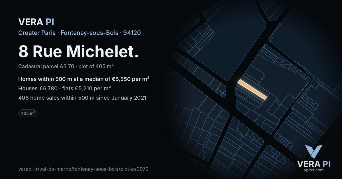 8 Rue Michelet, Fontenay-sous-Bois at night – the plot lit, the parcels around coloured by the prices near them