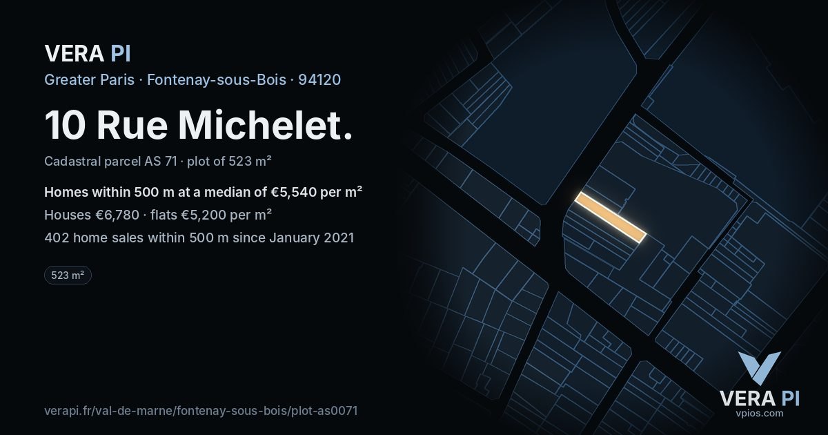 10 Rue Michelet, Fontenay-sous-Bois at night – the plot lit, the parcels around coloured by the prices near them