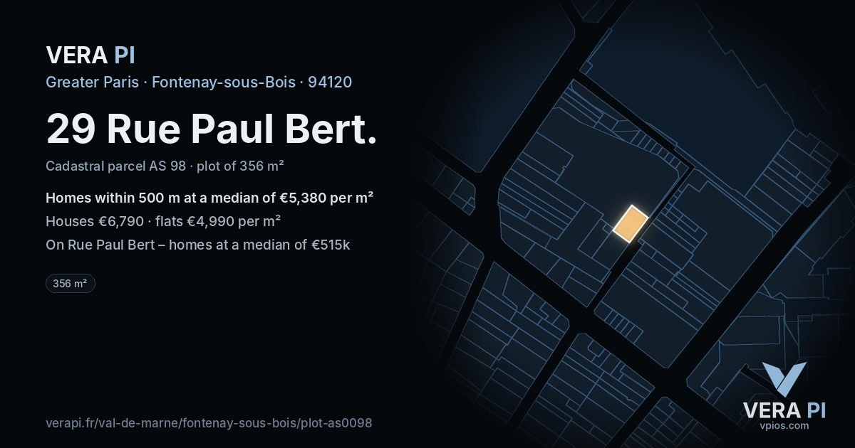 29 Rue Paul Bert, Fontenay-sous-Bois at night – the plot lit, the parcels around coloured by the prices near them