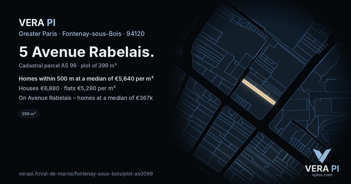 5 Avenue Rabelais, Fontenay-sous-Bois at night – the plot lit, the parcels around coloured by the prices near them