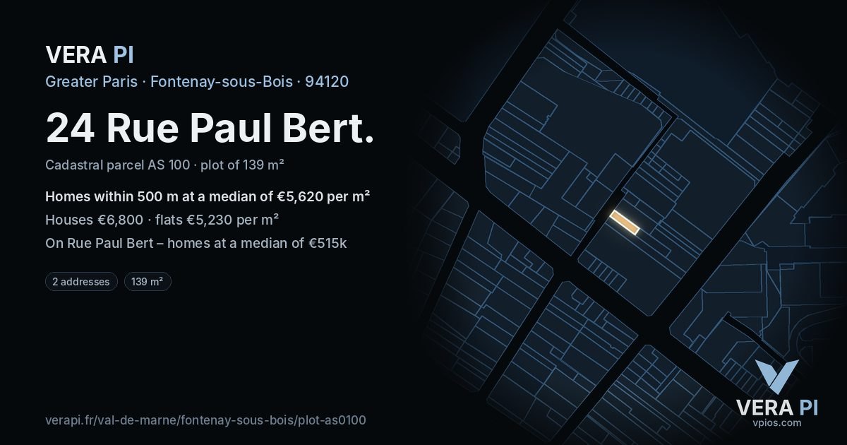 24 Rue Paul Bert, Fontenay-sous-Bois at night – the plot lit, the parcels around coloured by the prices near them