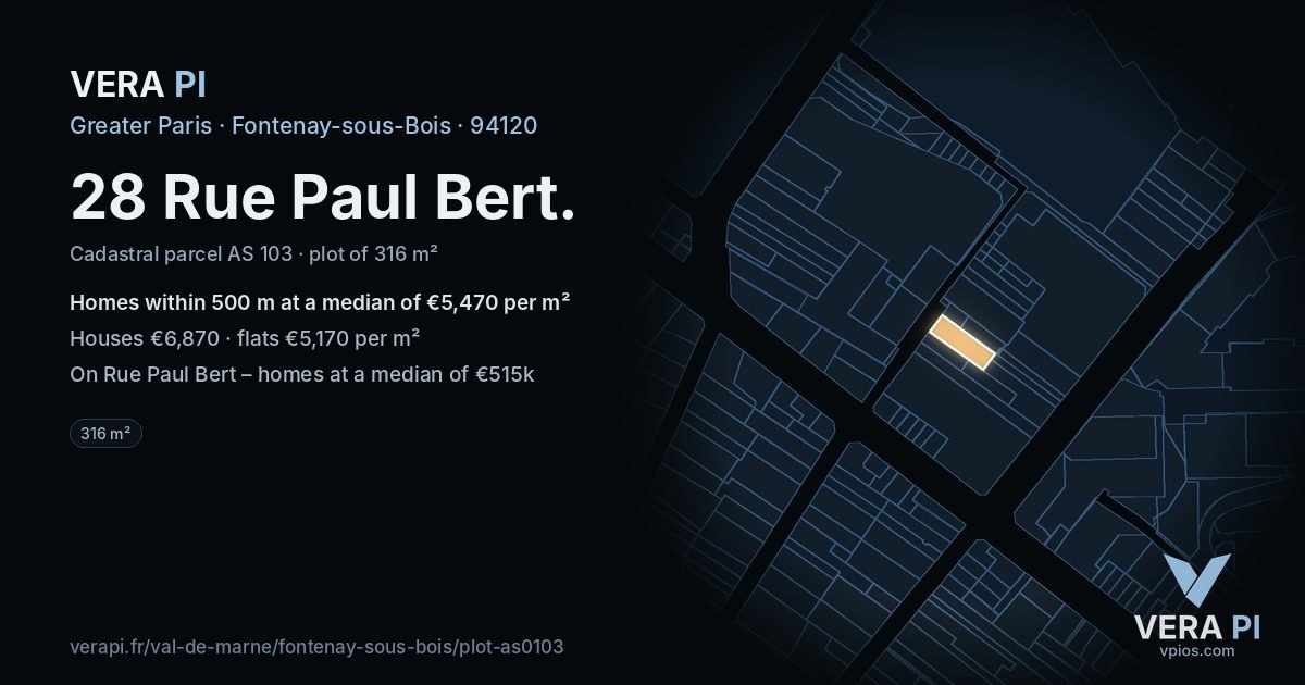 28 Rue Paul Bert, Fontenay-sous-Bois at night – the plot lit, the parcels around coloured by the prices near them