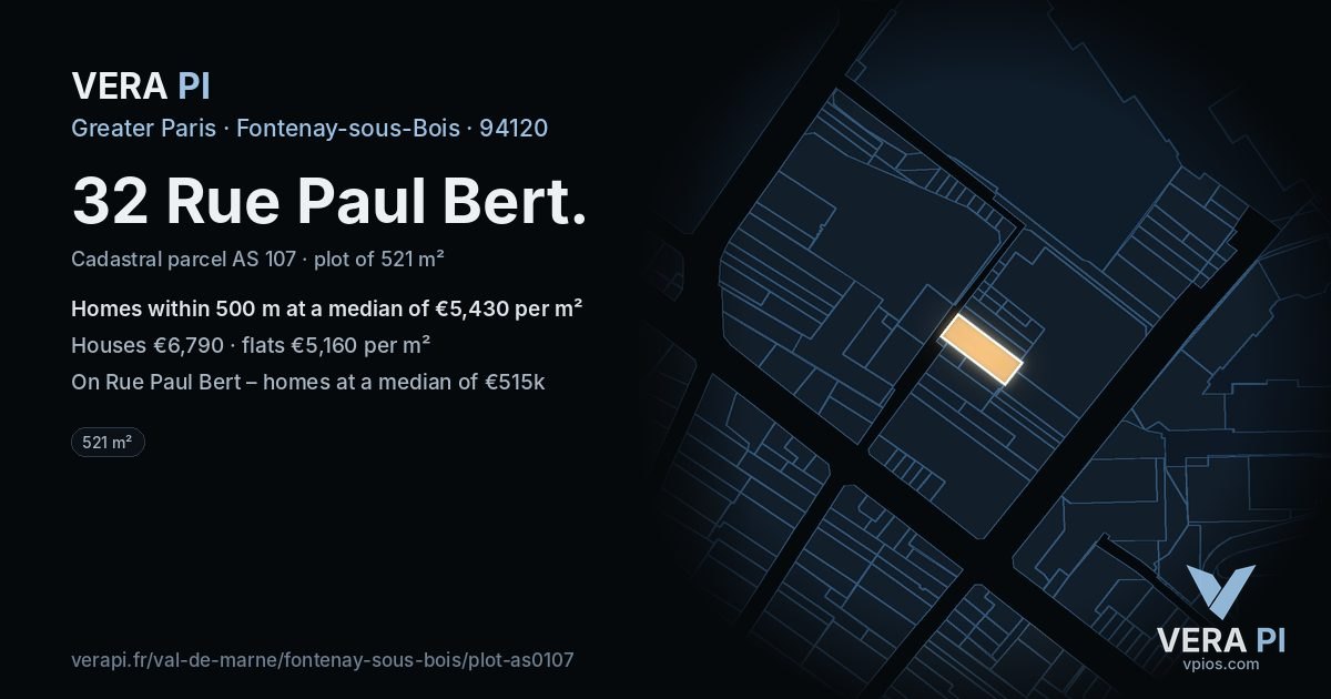32 Rue Paul Bert, Fontenay-sous-Bois at night – the plot lit, the parcels around coloured by the prices near them
