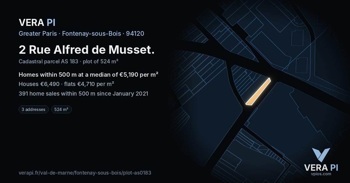 2 Rue Alfred de Musset, Fontenay-sous-Bois at night – the plot lit, the parcels around coloured by the prices near them