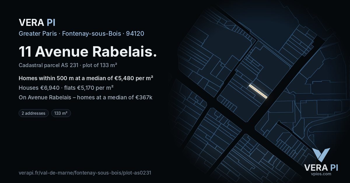 11 Avenue Rabelais, Fontenay-sous-Bois at night – the plot lit, the parcels around coloured by the prices near them