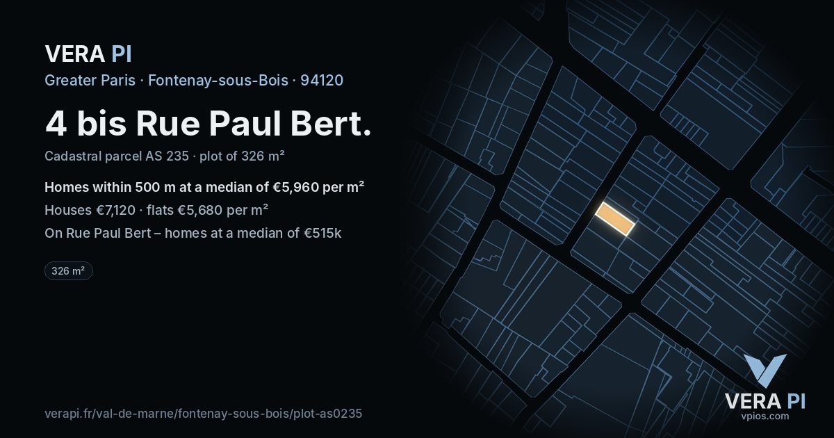 4 bis Rue Paul Bert, Fontenay-sous-Bois at night – the plot lit, the parcels around coloured by the prices near them