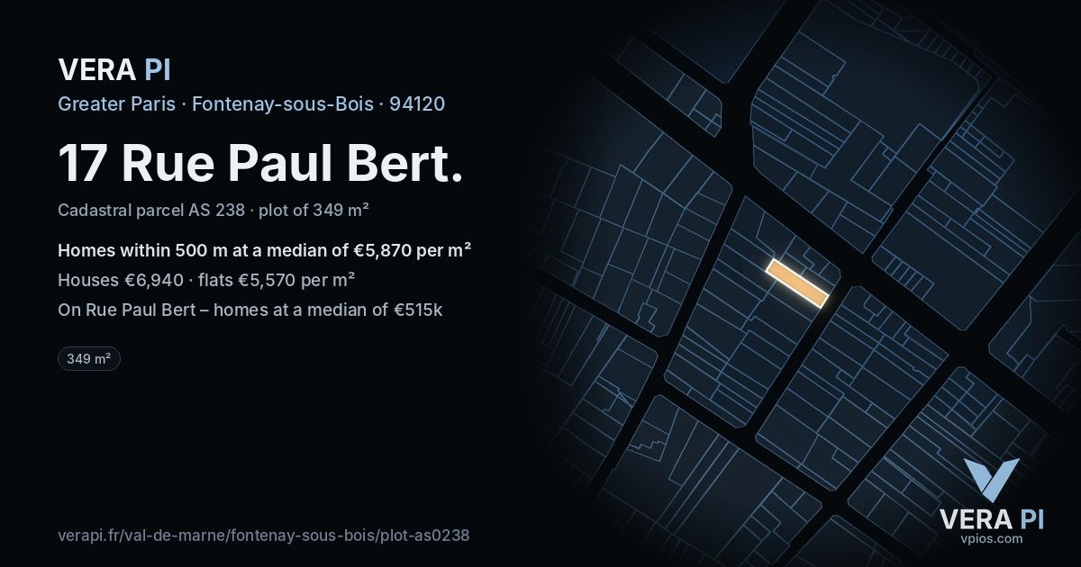 17 Rue Paul Bert, Fontenay-sous-Bois at night – the plot lit, the parcels around coloured by the prices near them