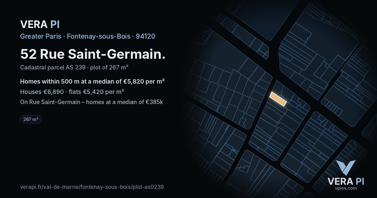 52 Rue Saint-Germain, Fontenay-sous-Bois at night – the plot lit, the parcels around coloured by the prices near them